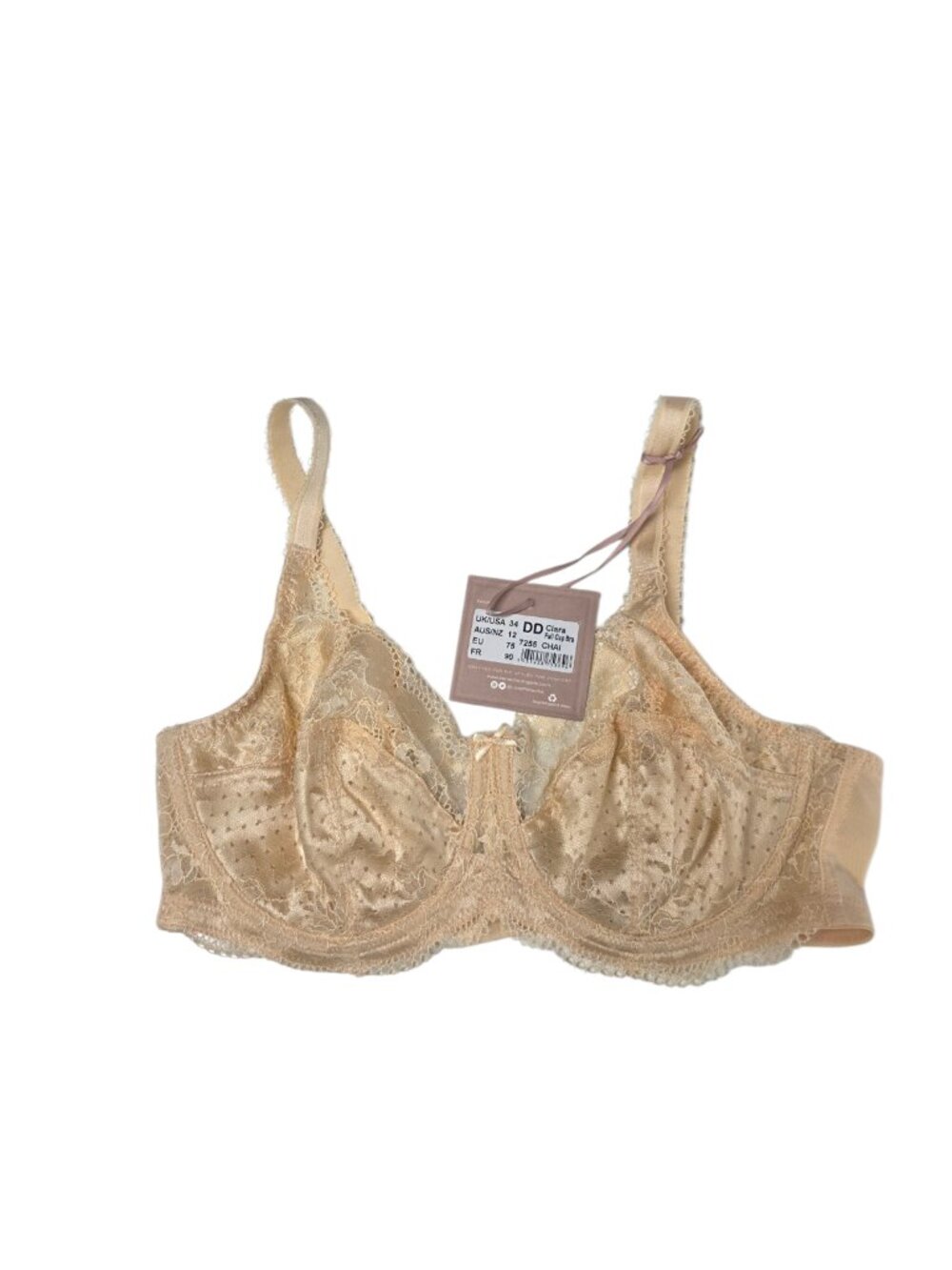 Panache Clara Full Cup Bra, Underwire in Chai, Lacey, Size 34DD, Unpadded